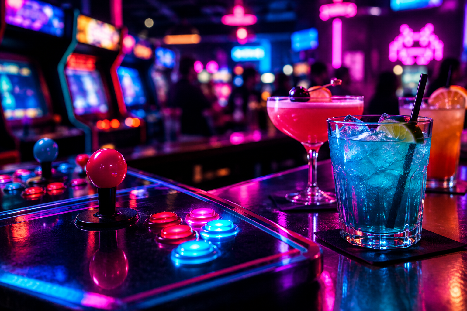 Close-up of glowing arcade controls beside colorful cocktails under magenta and cyan nightclub lighting