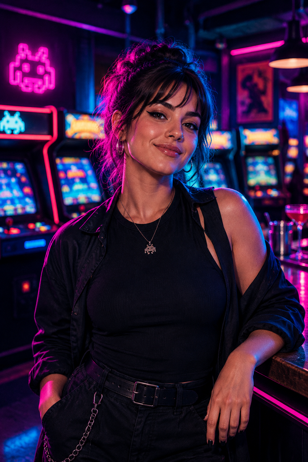 Jules portrait in neon-lit arcade bar setting