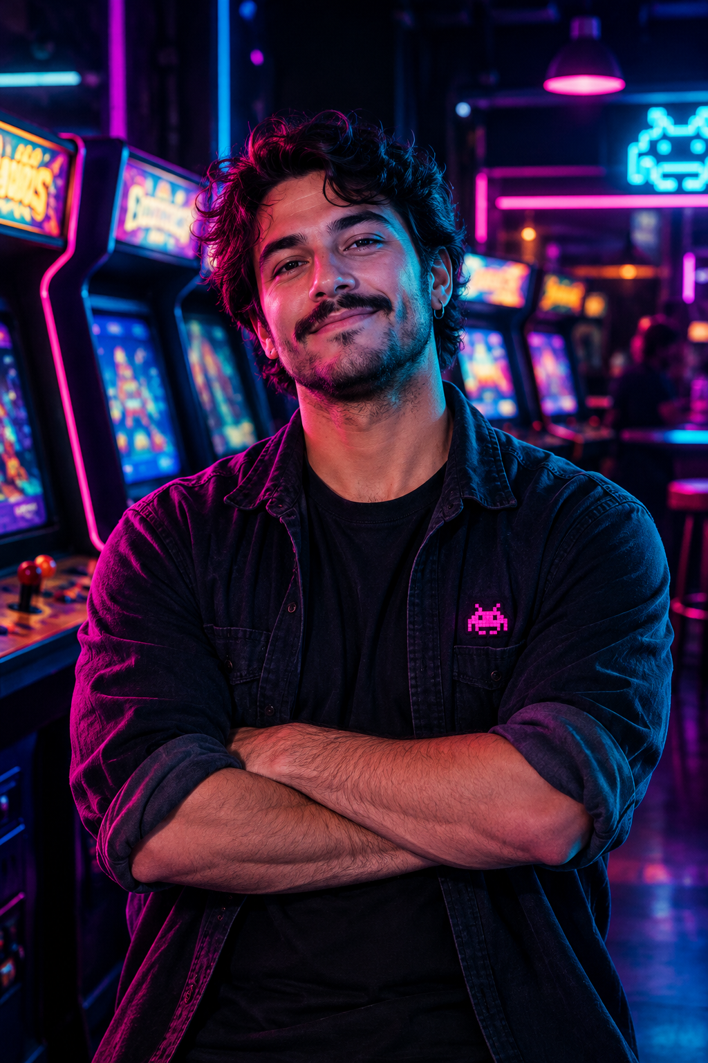Rico portrait in neon-lit arcade bar setting