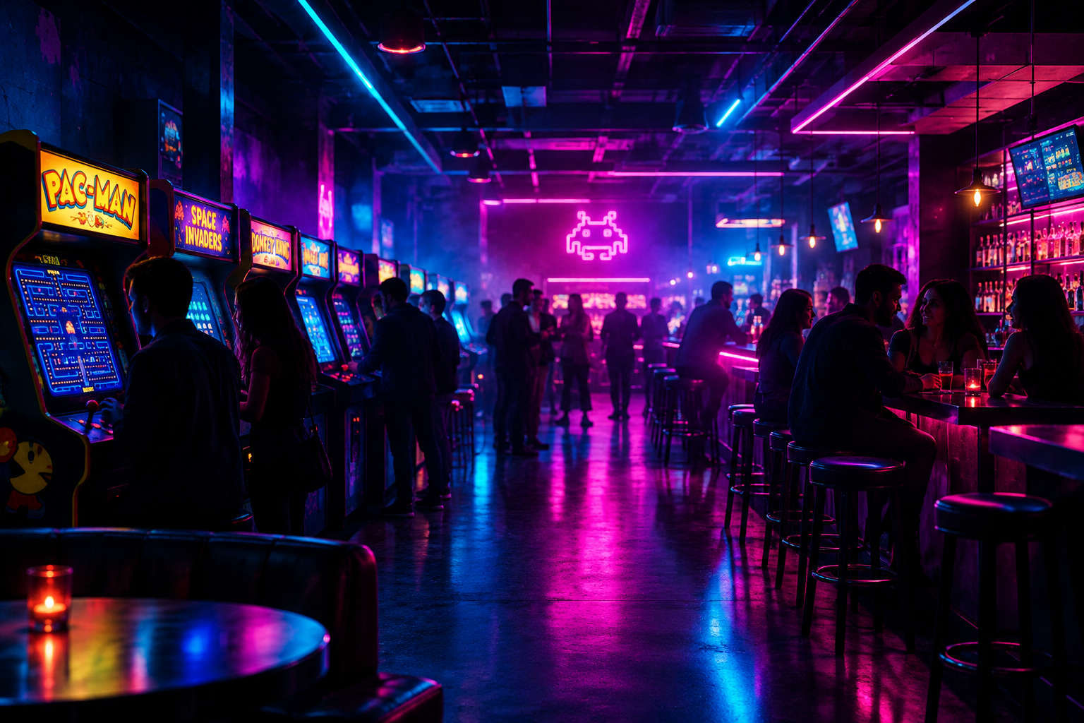 Neon-lit retro arcade bar scene with glowing game cabinets, moody crowd energy, and cyan-magenta light haze