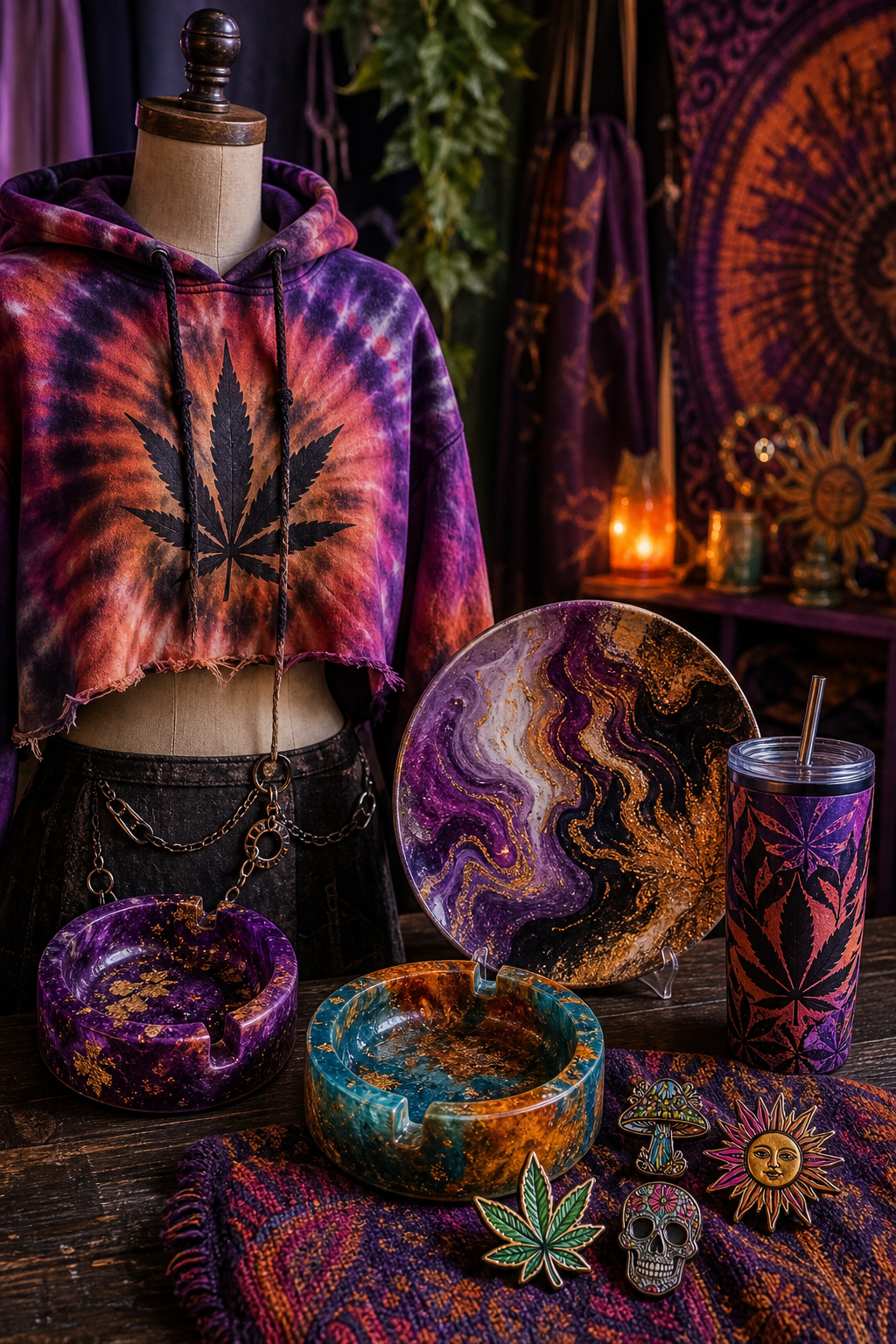 Creative handmade product scene with custom apparel pieces, resin accessories, and bohemian maker-studio styling