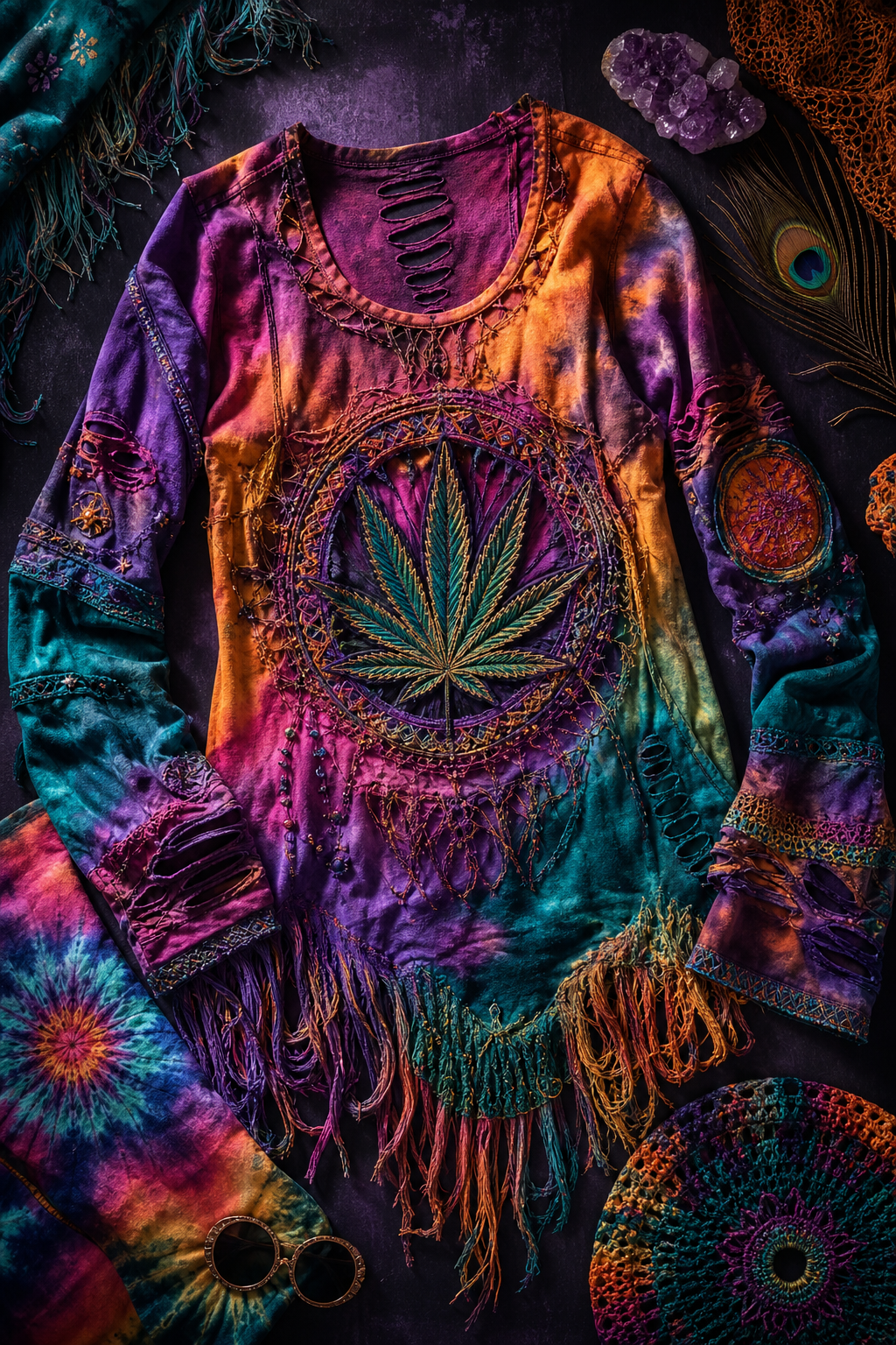 Colorful handmade custom clothing piece with psychedelic patterns and boho styling