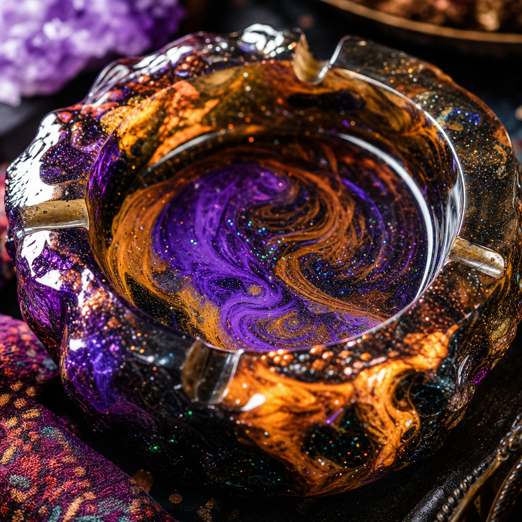 Close-up resin ashtray detail with marbled pigments and glossy handcrafted finish