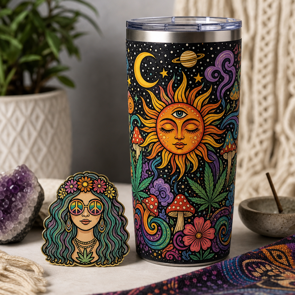 Handmade tumbler and custom pin detail shot with bright festival-inspired colors