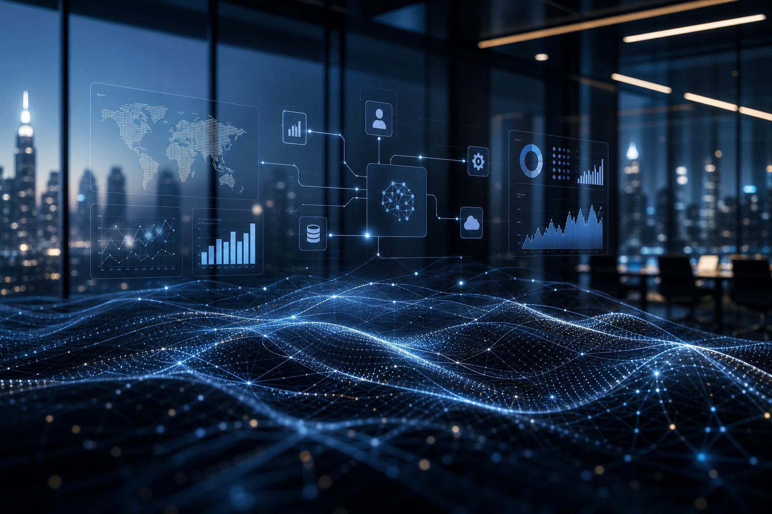 Abstract AI intelligence field with clean interface overlays and a professional business context, futuristic and credible