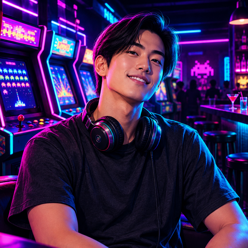 Portrait illustration of Luca Park, a man with straight dark hair, retro headset, and a black shirt lit by cyan and purple arcade glow