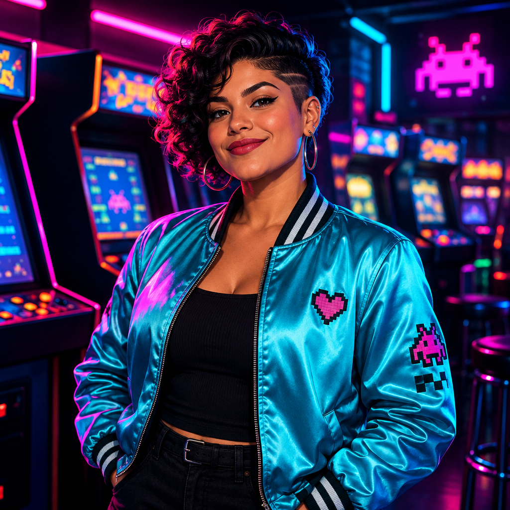Portrait illustration of Maya Torres, a woman with a short curly undercut, cyan bomber jacket, and magenta neon lighting