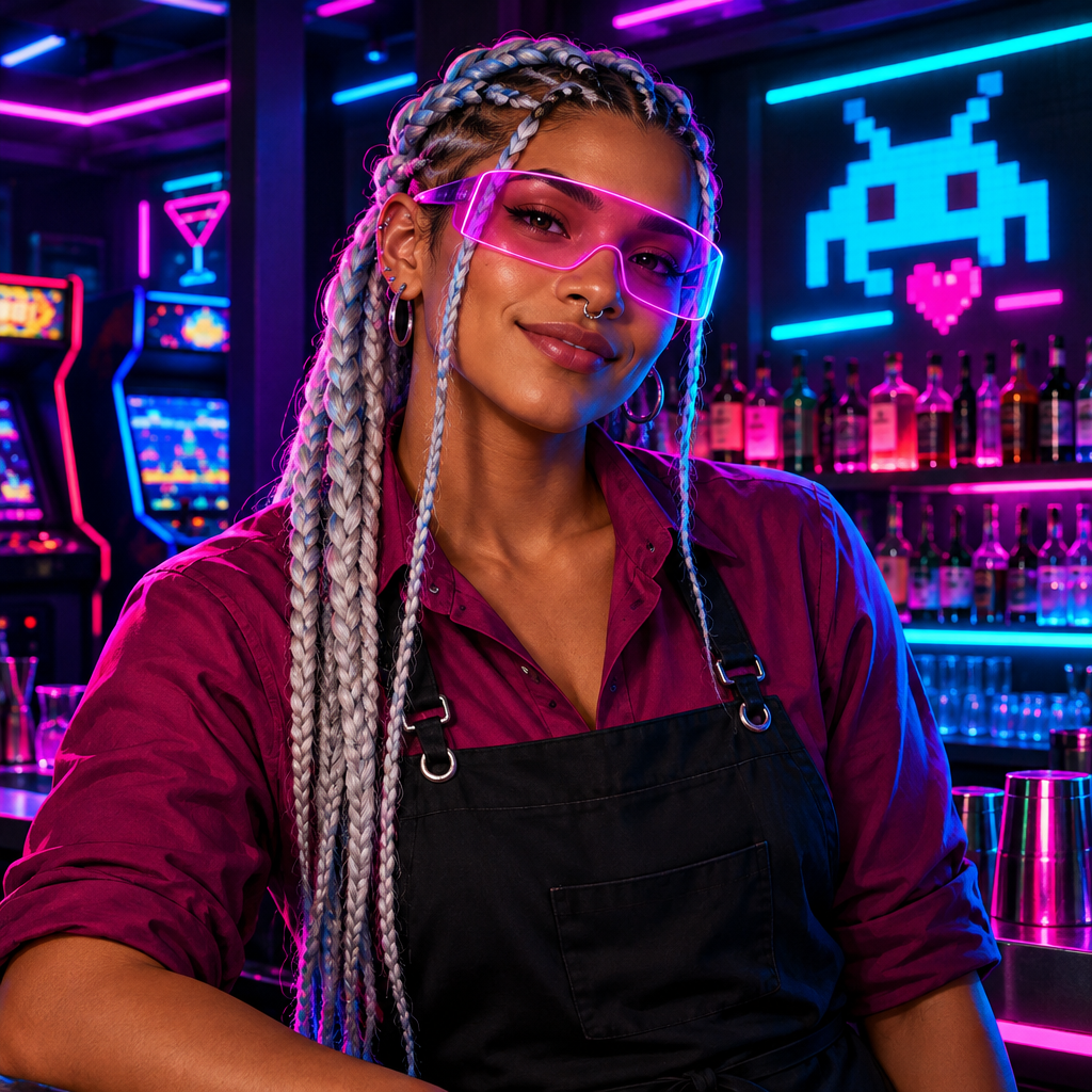 Portrait illustration of Rin Alvarez, a non-binary bartender with silver braids, neon visor, and magenta-cyan backlit bar atmosphere