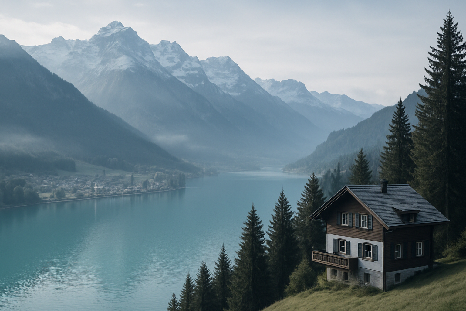 Serene alpine lake with panoramic mountain ridge and boutique chalet in the distance