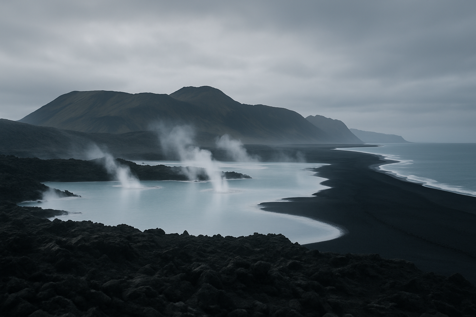 Moody Icelandic lava fields with geothermal steam and black-sand coastline