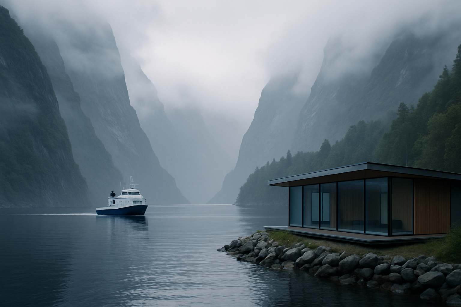 Norwegian fjord with modern design-forward lodge and ferry route in the mist