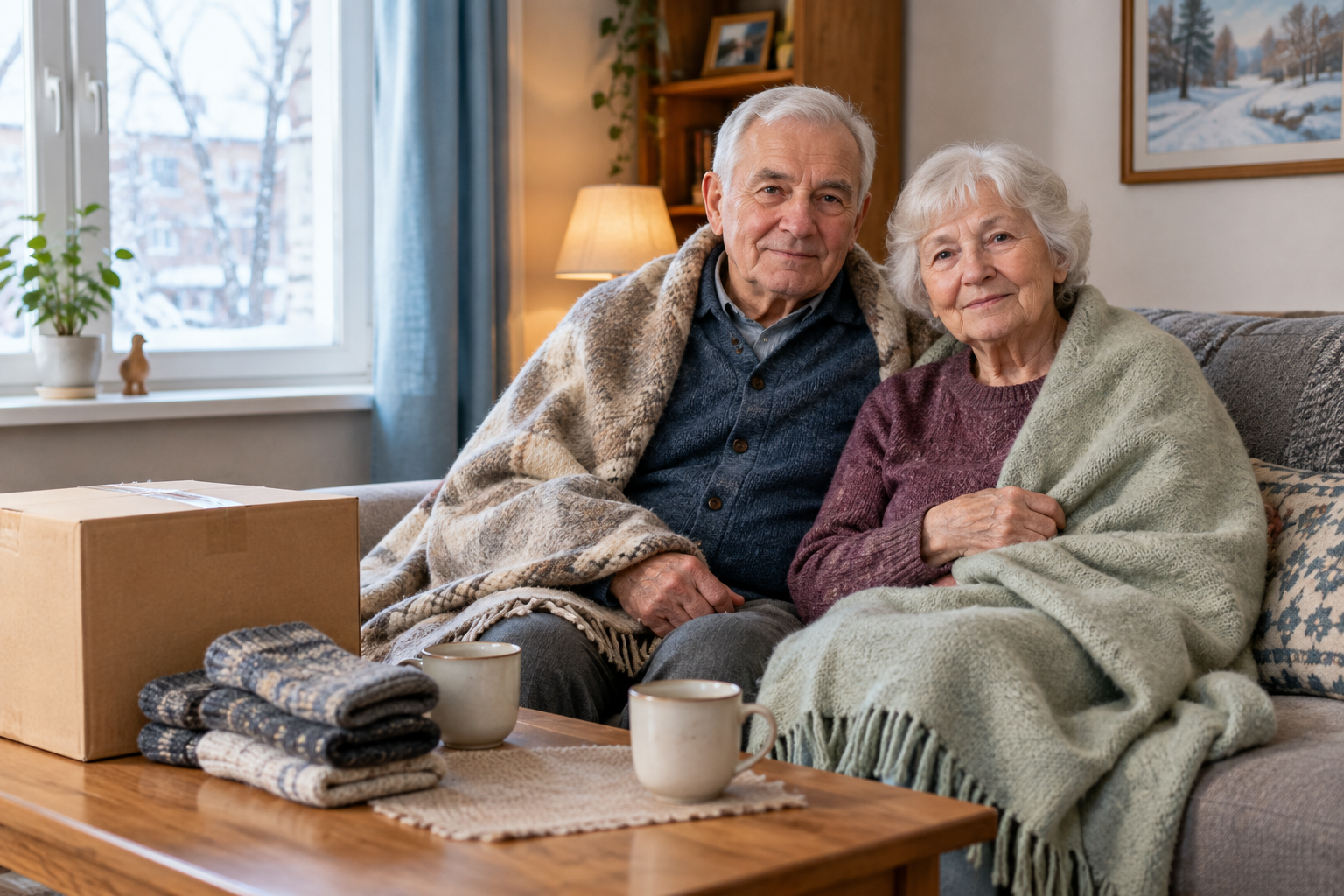An elderly couple sitting together in warm blankets with winter aid supplies nearby
