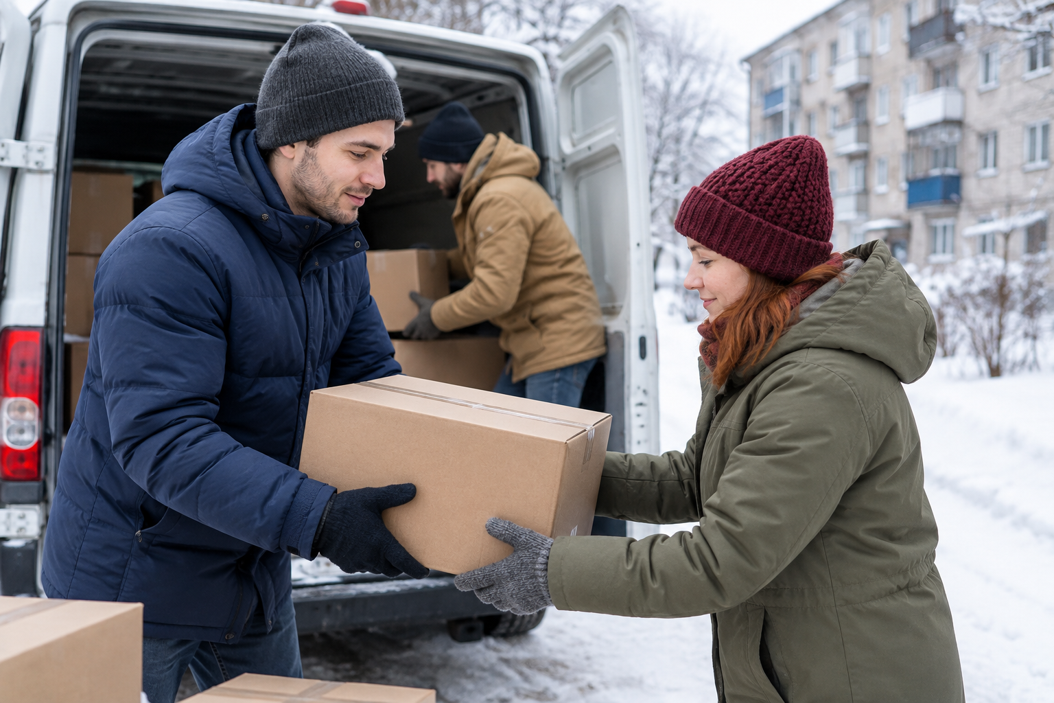 Volunteers in warm coats unloading aid boxes from a van on a snowy Ukrainian street
