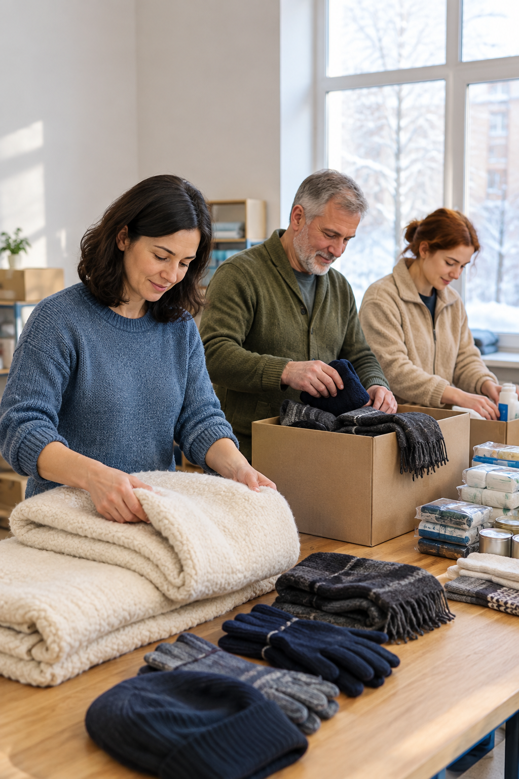 Volunteers packing blankets, winter clothing, and essential supplies in a naturally lit community room in Ukraine.