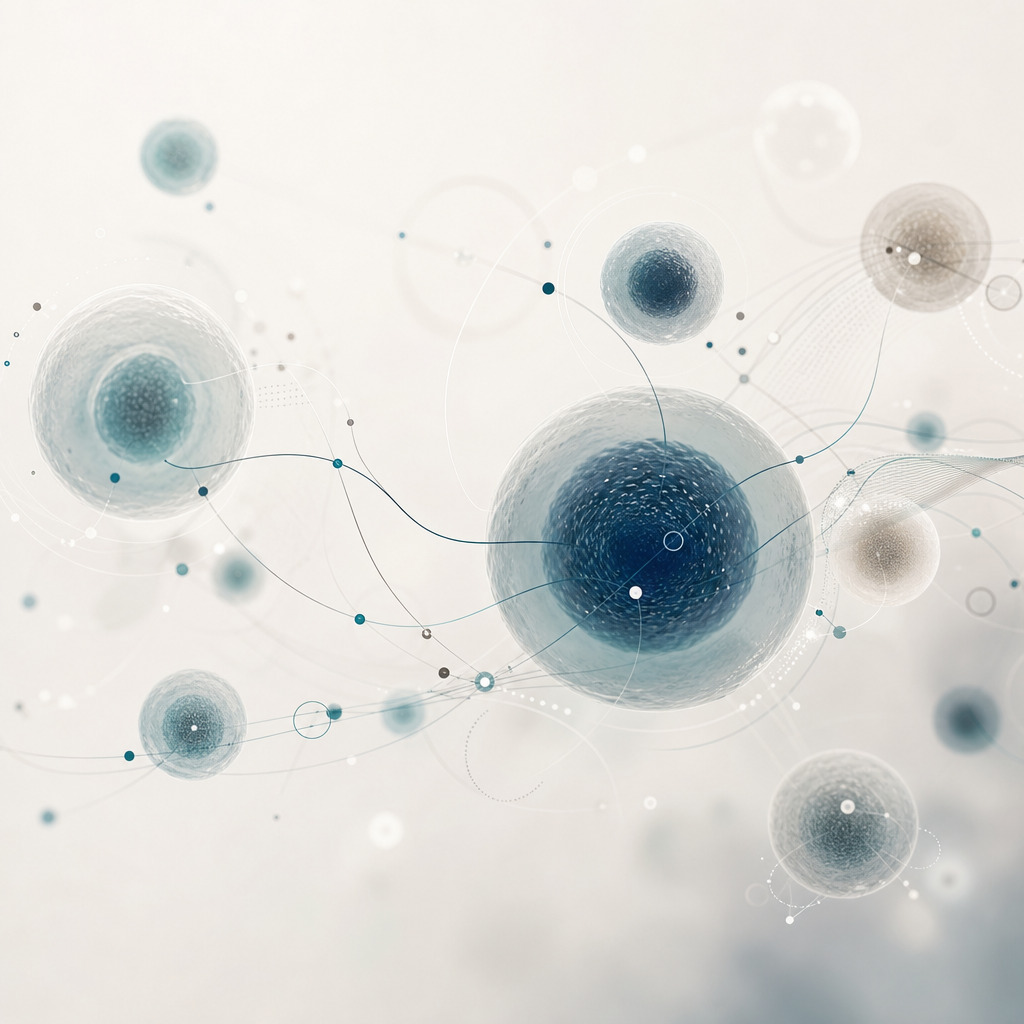 Abstract molecular imaging-inspired composition with layered translucent nodes, curved signal pathways, and soft teal highlights on an ivory background
