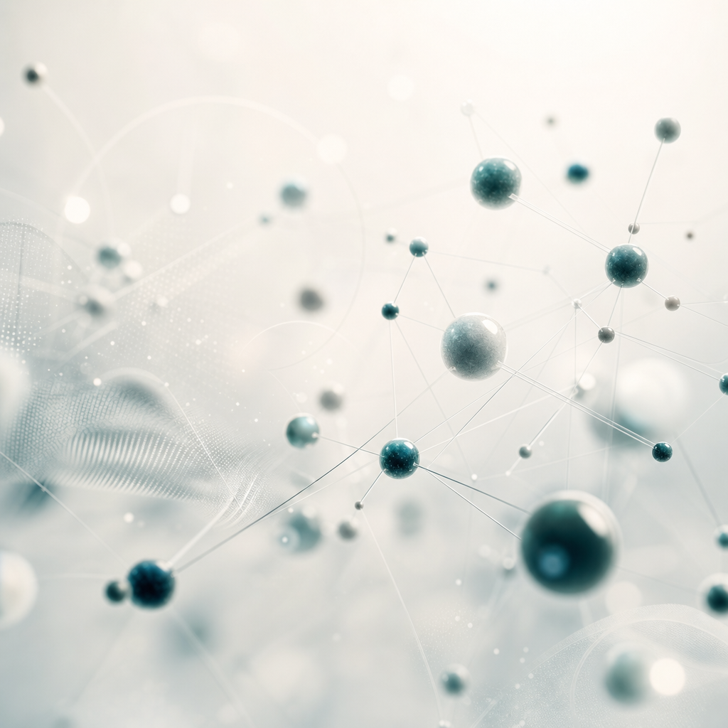 Abstract molecular imaging field with soft teal and graphite nodes connected by faint filaments