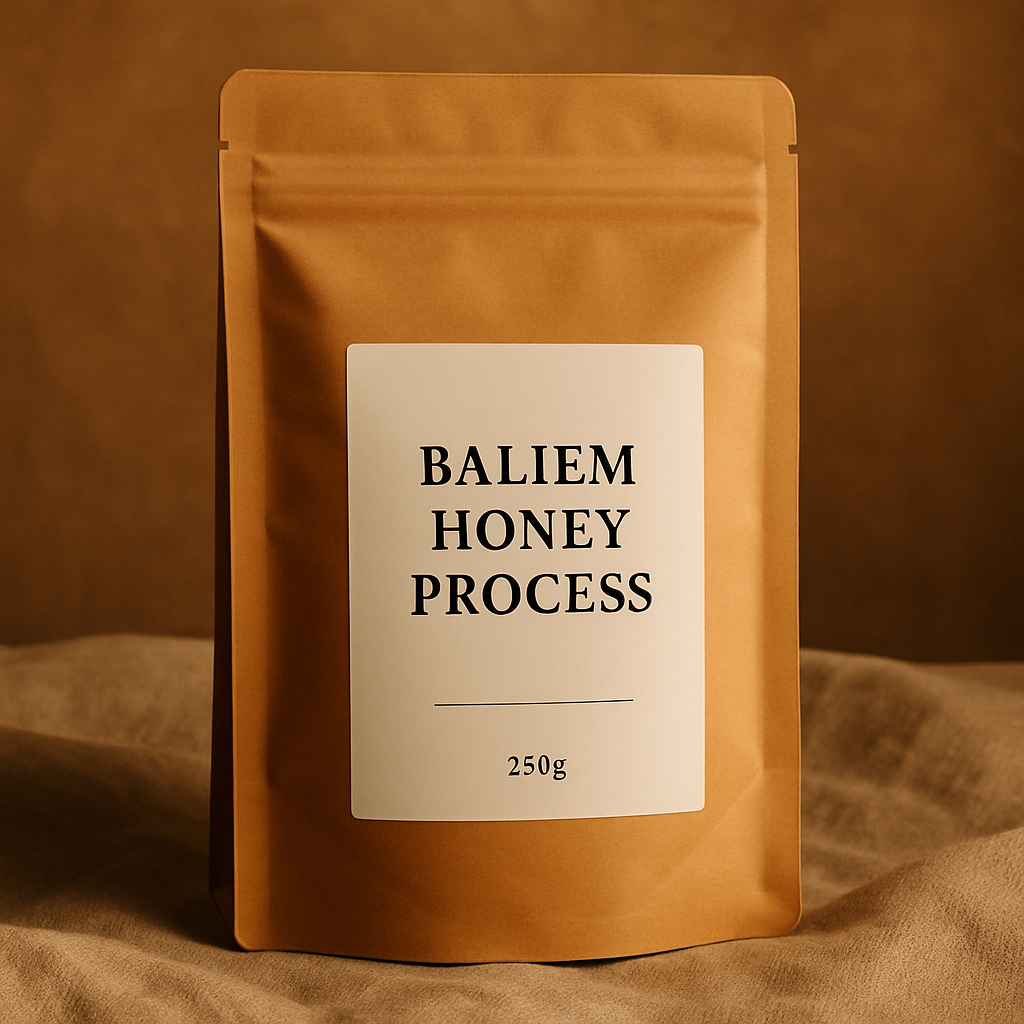 Amber-toned coffee pouch with white label reading Baliem Honey Process