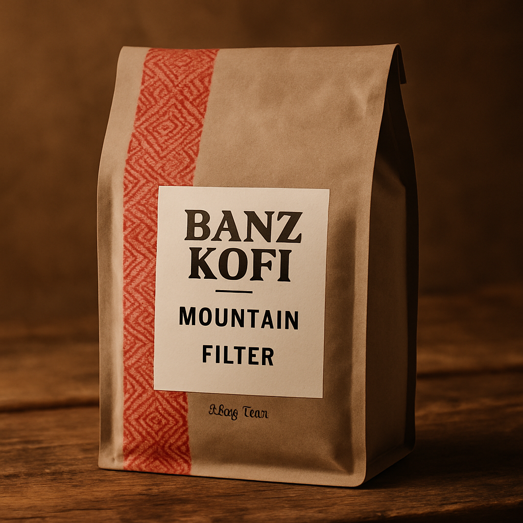 Taupe coffee bag with red woven pattern and label reading Banz Kofi Mountain Filter
