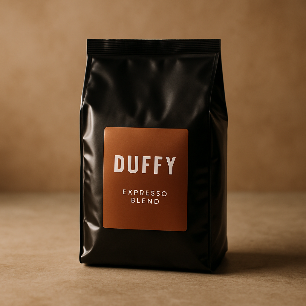 Glossy dark espresso coffee bag with copper label reading Duffy Espresso Blend