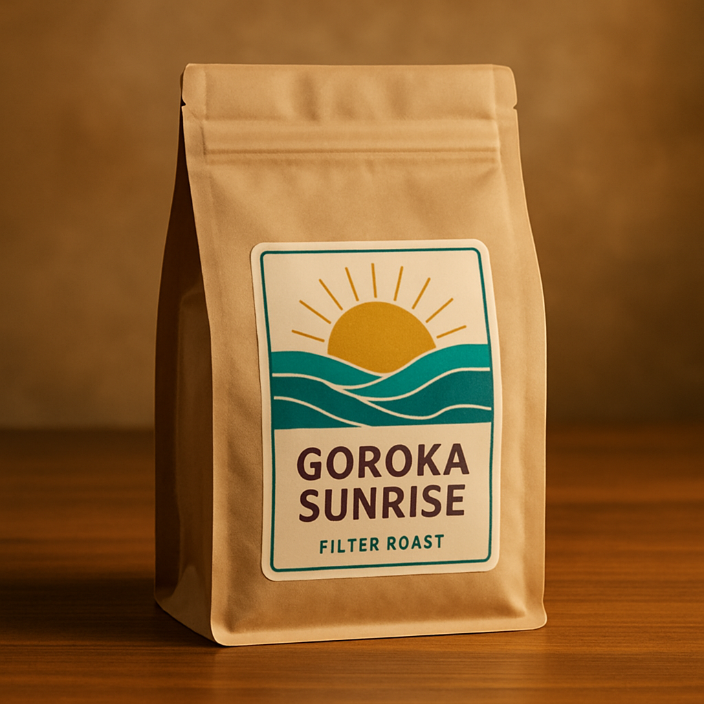 Matte kraft coffee bag with a sunrise illustration and teal accents, labeled Goroka Sunrise Filter Roast