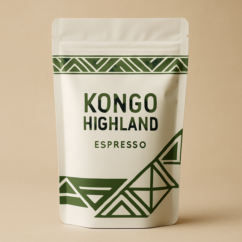 White coffee pouch with green geometric accents labeled Kongo Highland Espresso