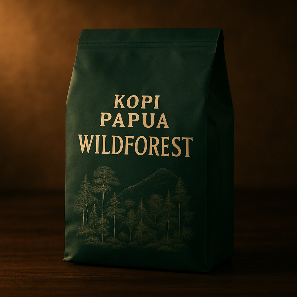 Deep green coffee bag with forest illustration labeled Kopi Papua Wildforest