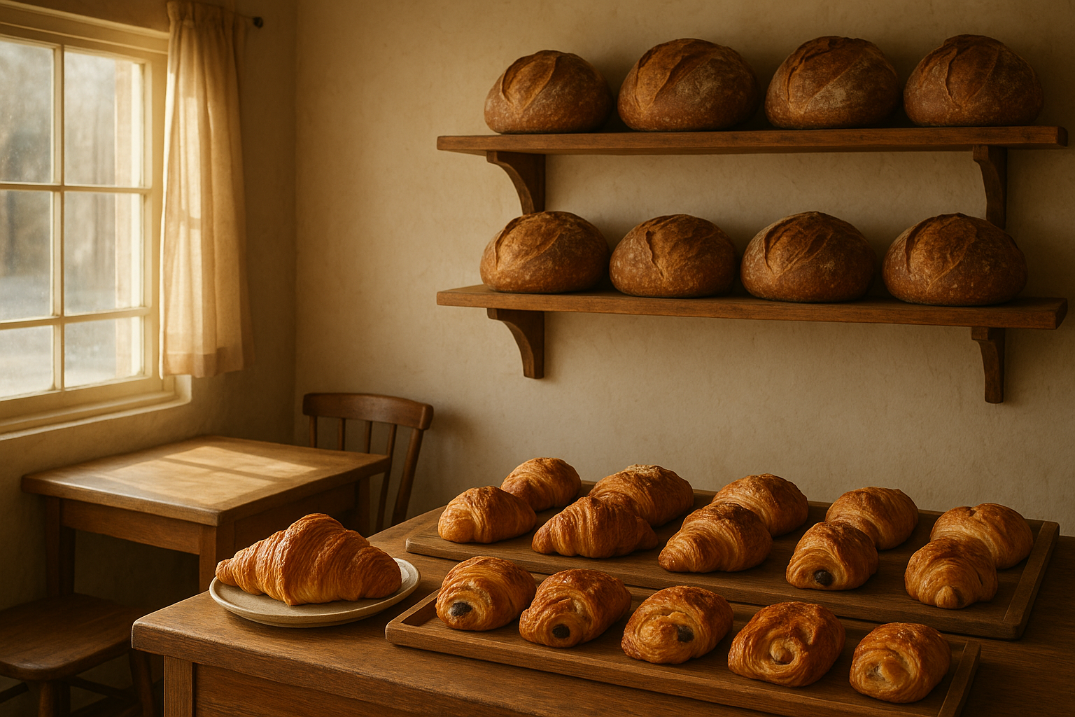 Welcoming neighborhood bakery scene with rustic artisan loaves, golden pastries, and a cozy wooden counter display in warm morning light