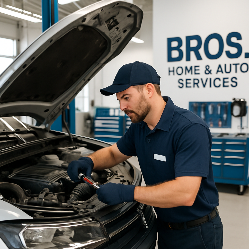 Auto mechanic working on a vehicle in a bright, clean garage, tools and equipment visible