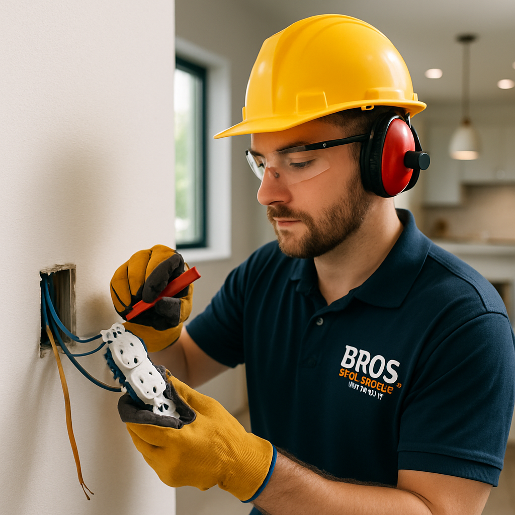 Electrician installing wiring and outlets in a contemporary home setting, wearing safety gear