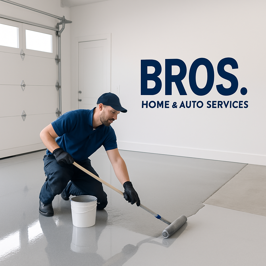 Epoxy flooring being installed in a clean, modern garage, smooth glossy finish