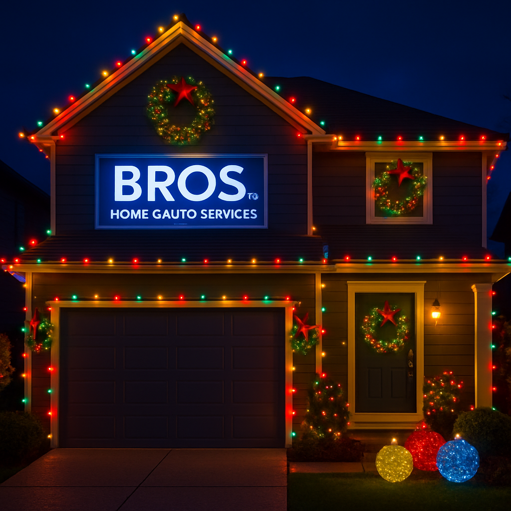 Festive holiday lighting and decor on a home, string lights, wreaths, and ornaments, evening