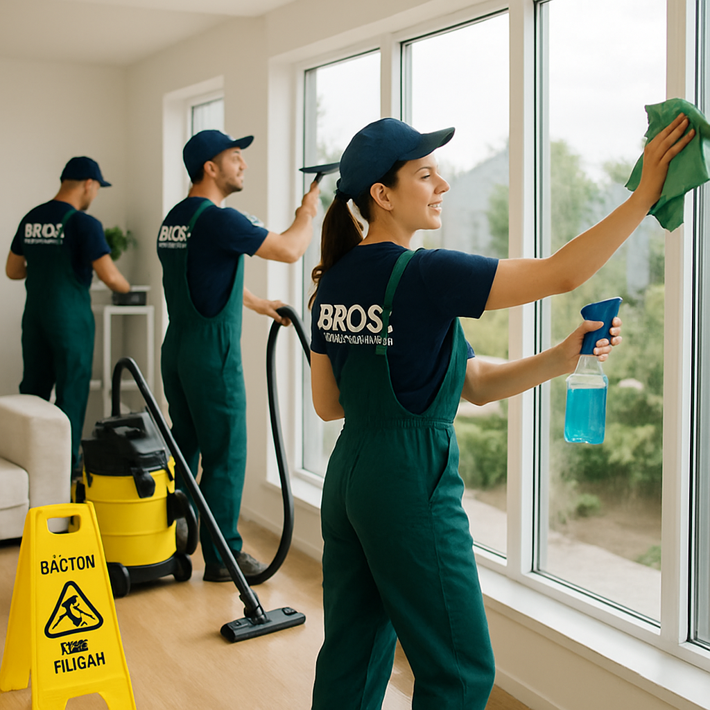 Team cleaning windows and interior of a modern home, using professional cleaning equipment