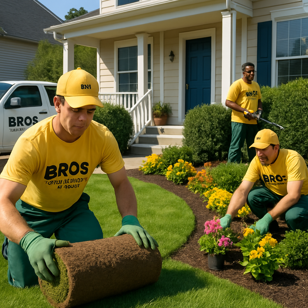 Modern landscaping crew working on a residential front yard, fresh lawn, flowers, and hedges