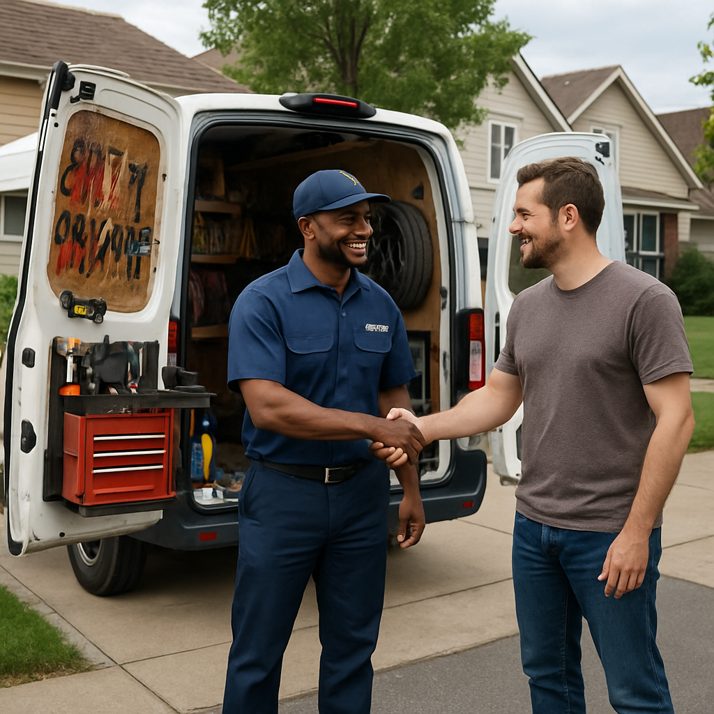 Mobile mechanic assisting a customer in a driveway, van with tools, residential neighborhood