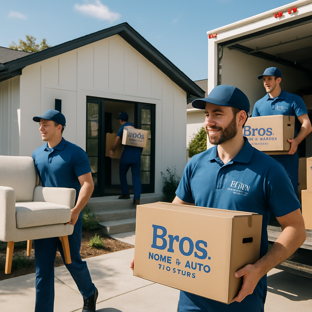 Professional movers carrying boxes and furniture into a new home, clean uniforms, sunny day