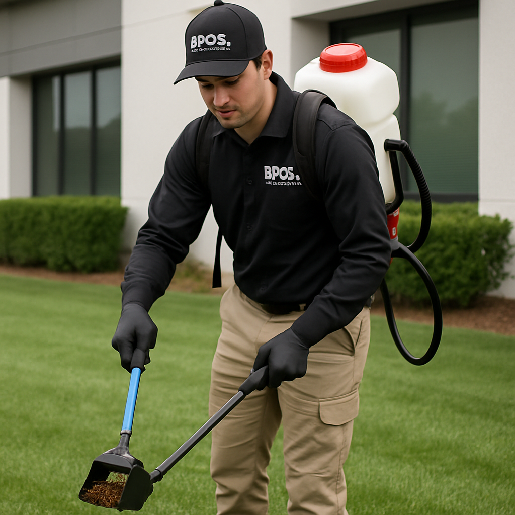 Pest control professional with equipment, removing pet waste from a commercial property lawn
