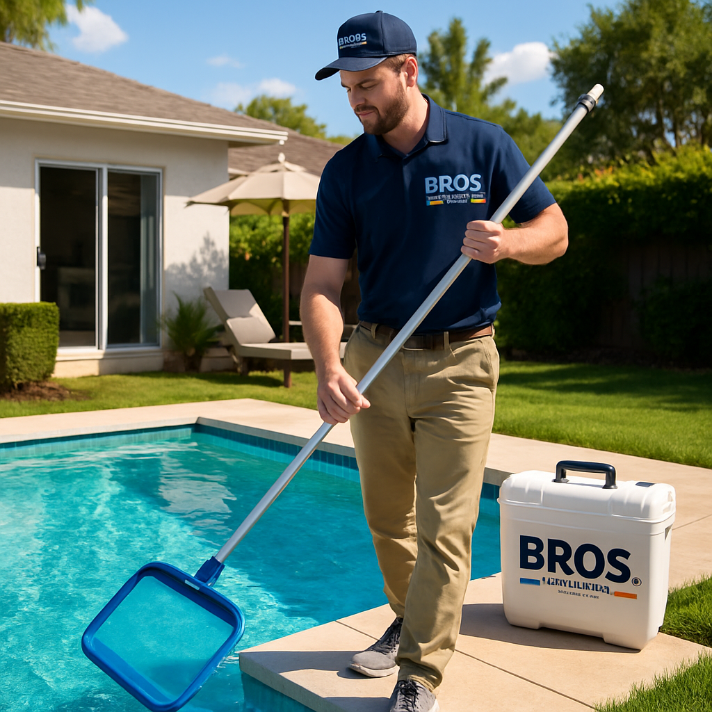 Pool cleaning expert servicing a sparkling blue pool in a sunny residential backyard