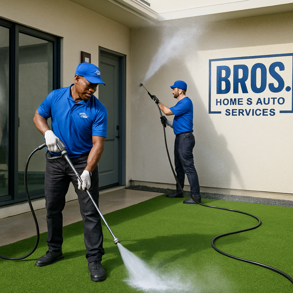Pressure washing team cleaning turf and building exterior, water spray, bright and professional