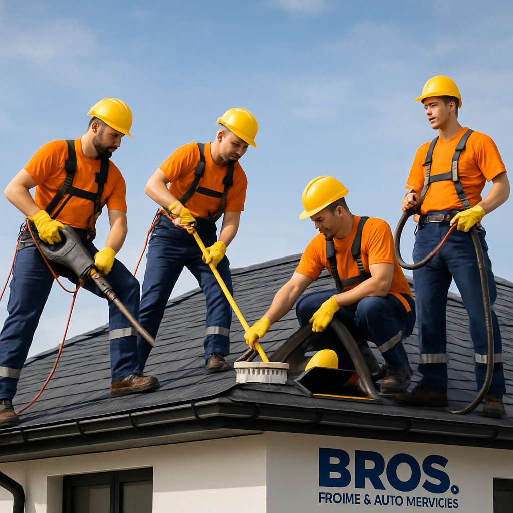 Roofing and attic cleaning team on a modern house roof, using safety gear, bright sky
