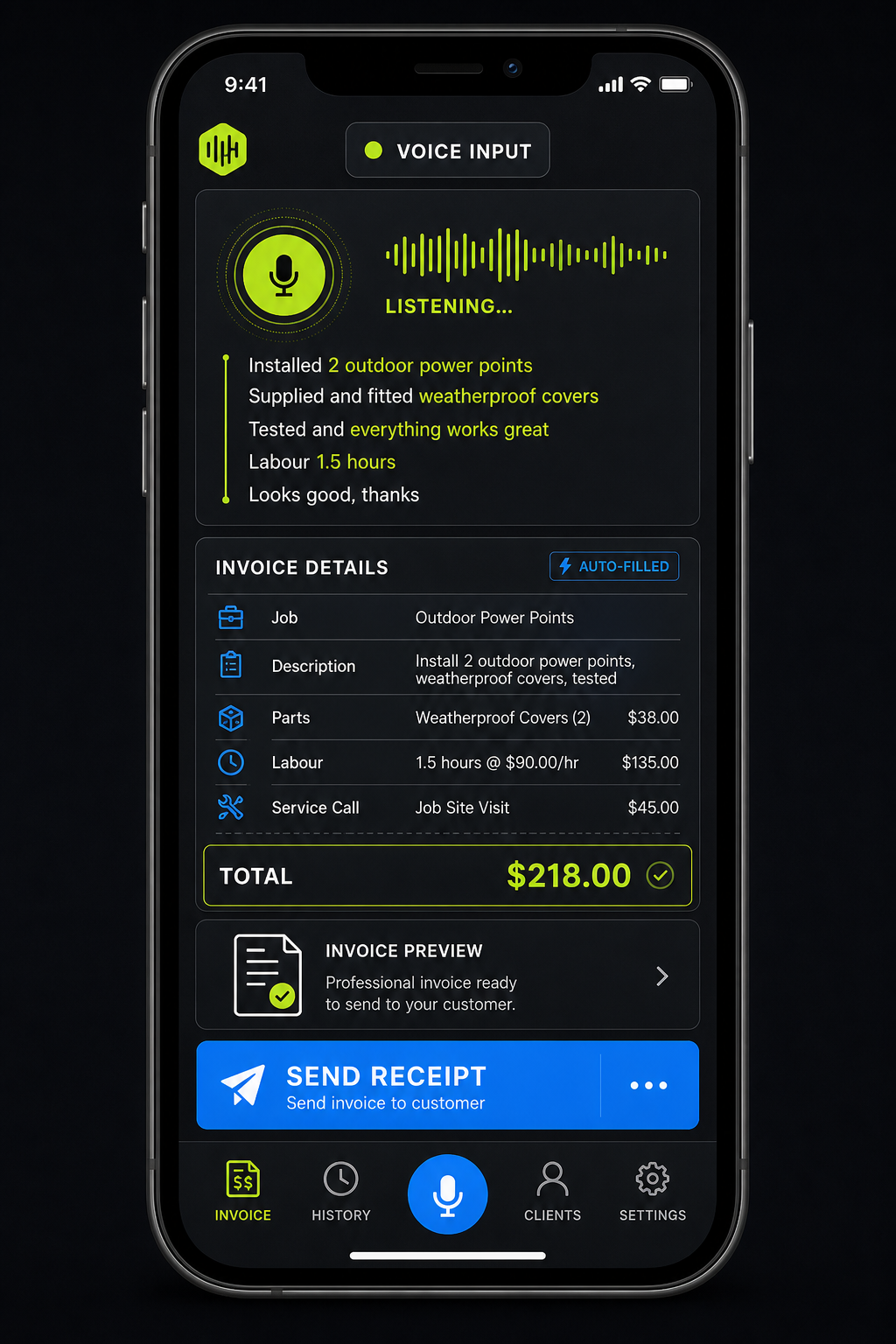 Mobile app mockup showing spoken job details becoming a finished professional invoice on a phone