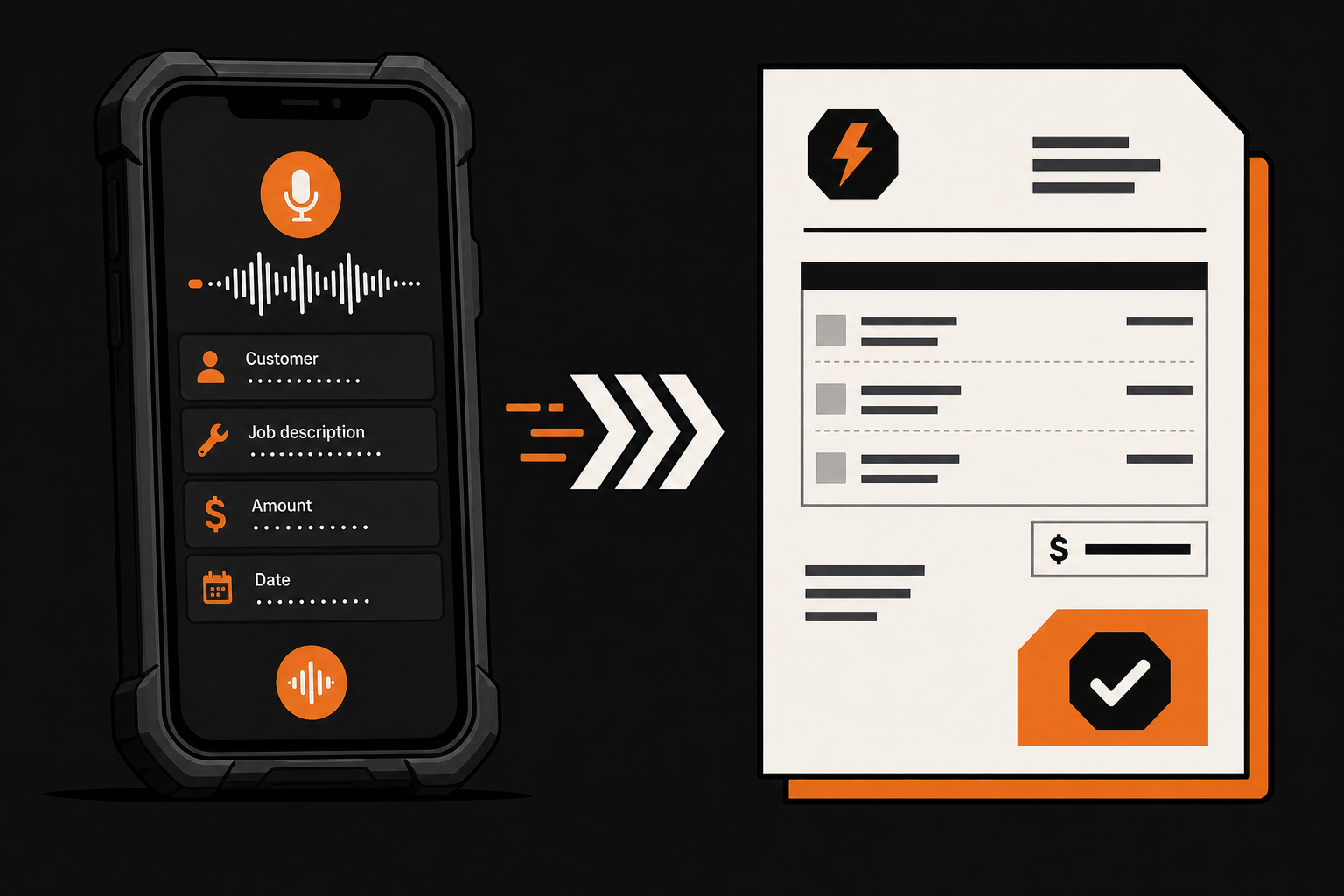 Simple phone-to-document workflow illustration showing spoken job details turning into a finished invoice