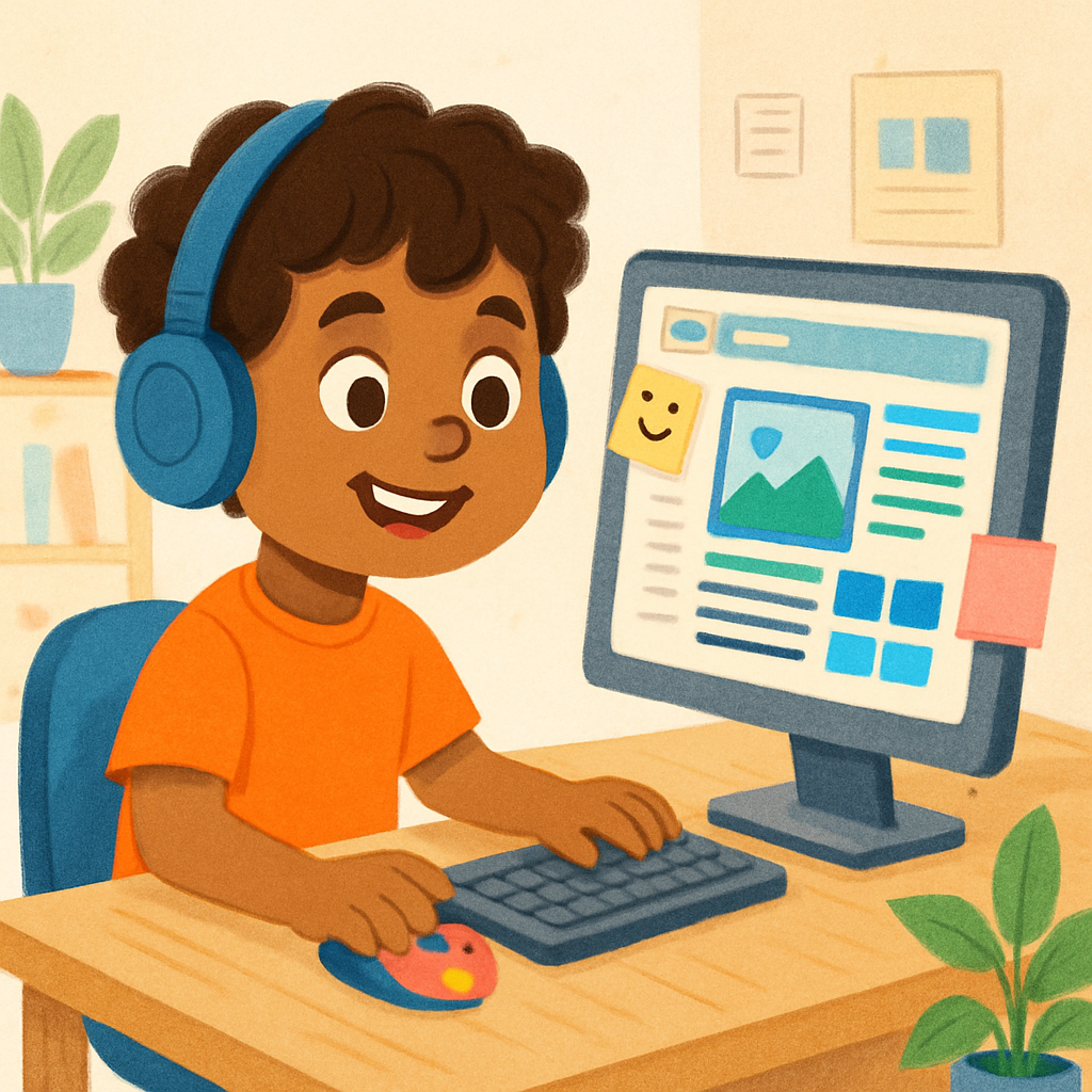 Kid working on a computer designing a website, looking focused and inspired