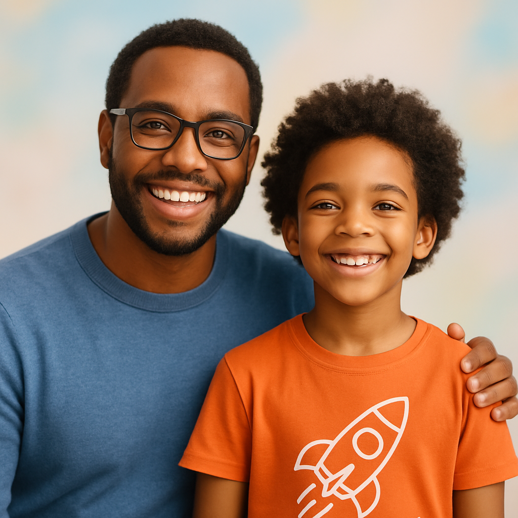Smiling parent with child, looking proud and inspired