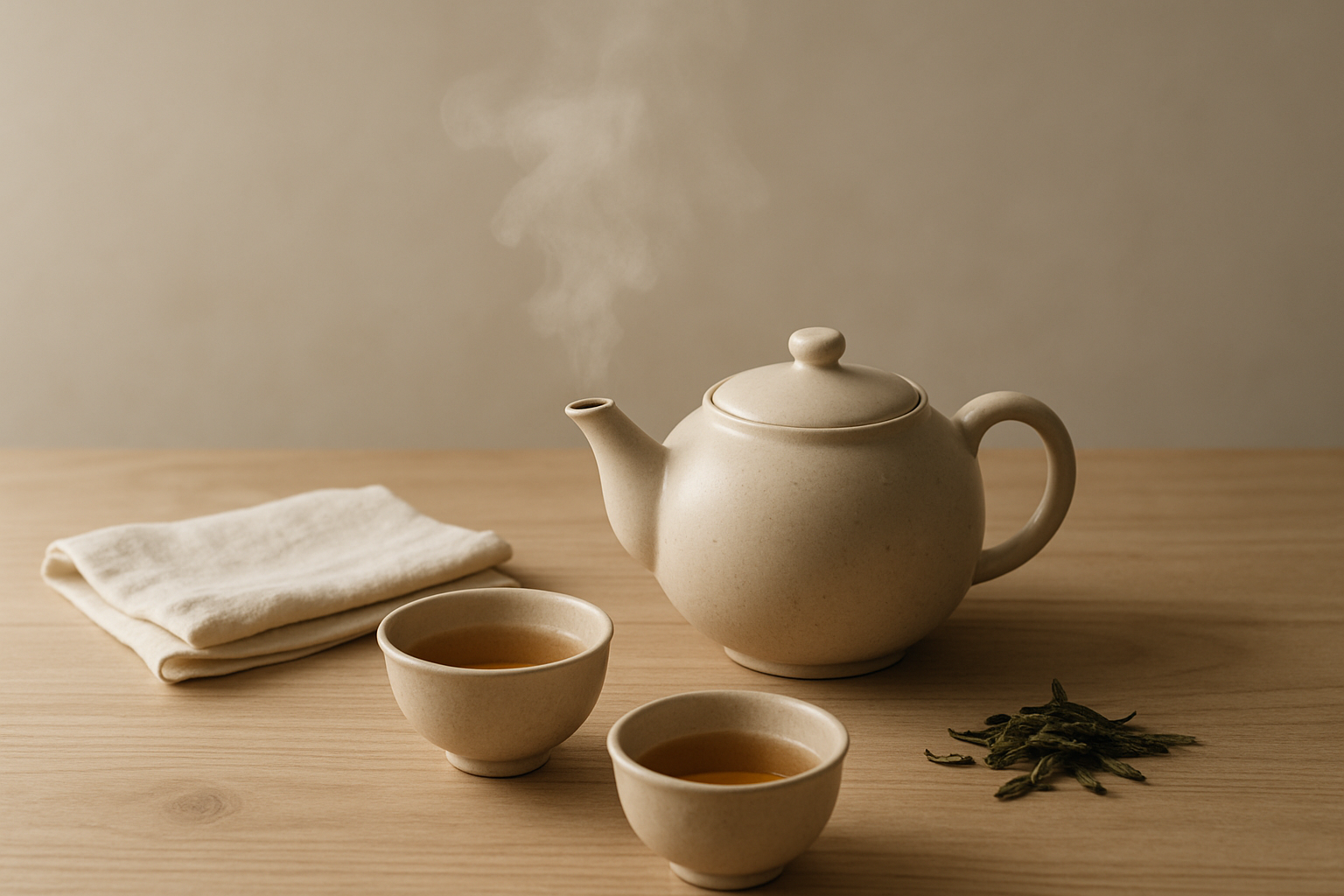 A quiet tea preparation moment with soft steam rising beside simple ceramic teaware on a wooden table