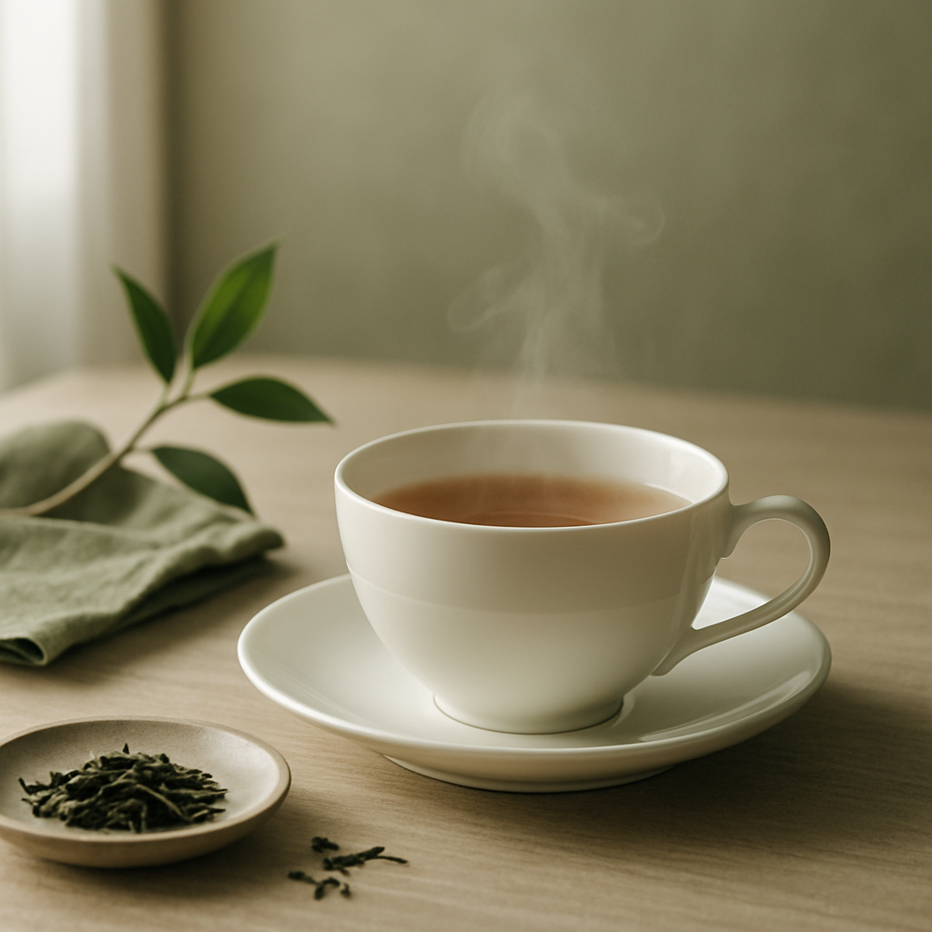 Porcelain cup of tea with gentle steam rising beside fresh green tea leaves in soft morning light