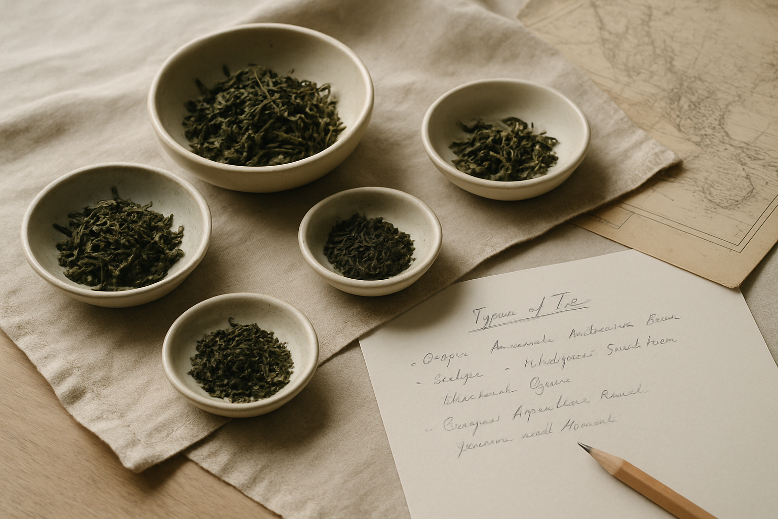 Quiet archival study table with tea leaves, handwritten notes, and a vintage map in soft daylight