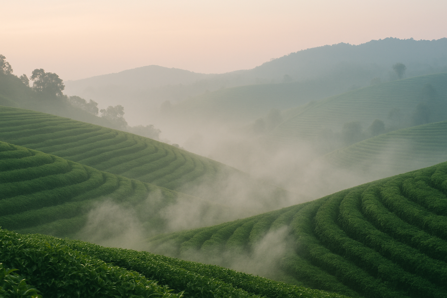 Misty terraced tea fields at dawn with soft steam drifting over vibrant green leaves
