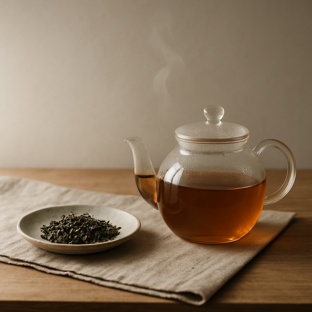 Hands gently pouring hot water from a matte ceramic teapot into a glass server with loose tea leaves on a linen-covered table