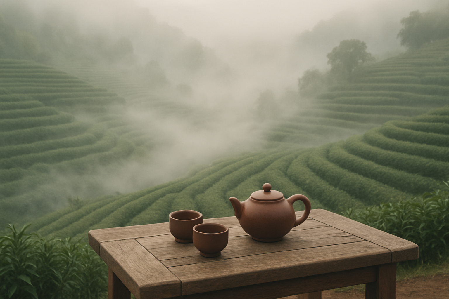 Quiet morning light over terraced tea fields with soft mist drifting between the rows and a simple wooden tea table set with a clay teapot, viewed from a gentle distance