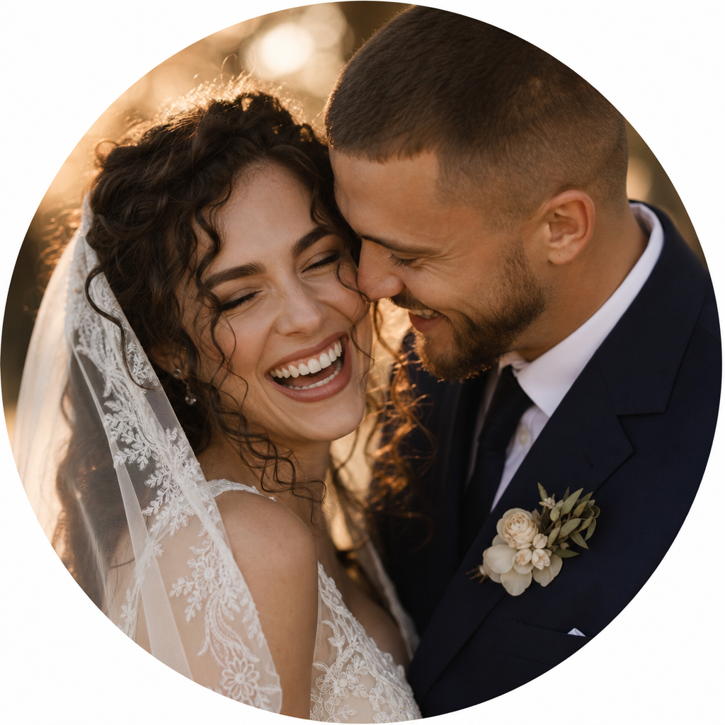 Portrait of Daryna and Mykola, a bride and groom laughing together at golden hour